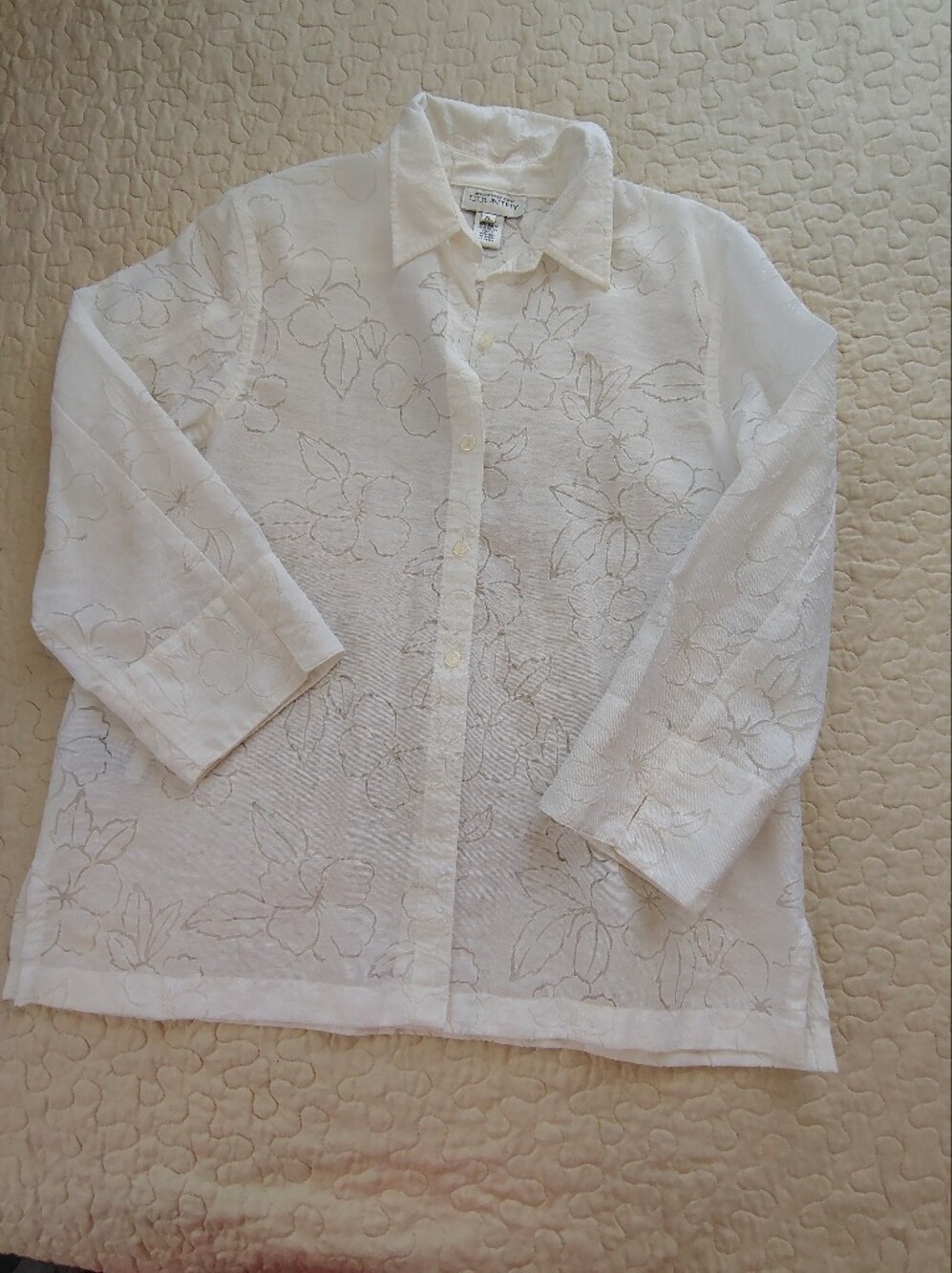 Jones New York Country Sheer Floral Embroidered Button Down Shirt Size XL
